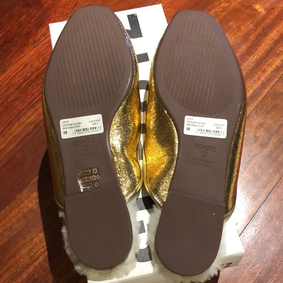 Schutz Evelin Metallic leather faux Shearling lined Gold Mule - Picture 7 of 10